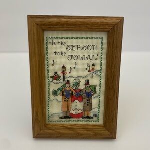 Wood Frame Cross Stitched Artwork “Tis The Season To Be Jolly” Carolers Snowman